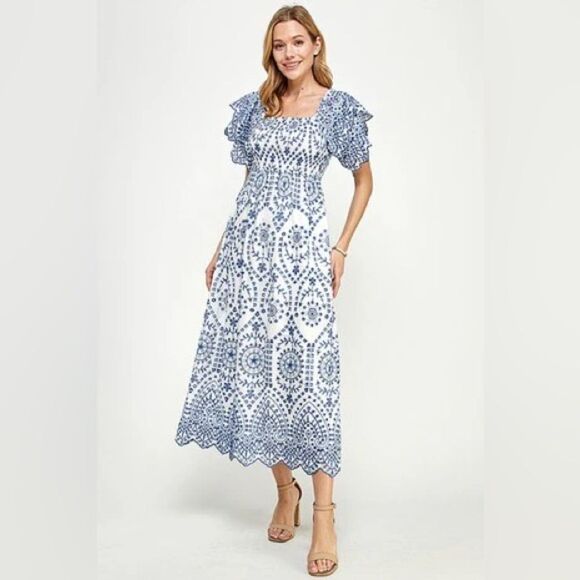 See And Be Seen Dresses & Skirts - See and Be Seen Eyelet Smocked Embroidery Detail blue and white midi dress